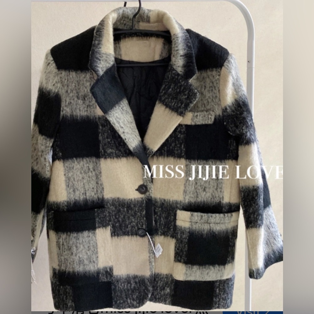 Miss Jijie Lover Oversized Check Wool-Blend Coat – Black & Cream Plaid Medium